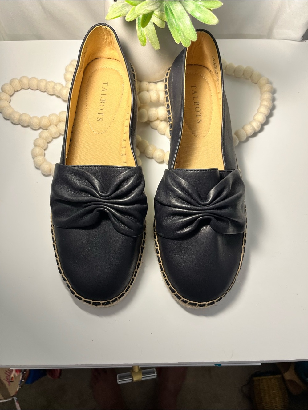 Talbots Dark Navy Leather Knot-Front Espadrille Loafers
